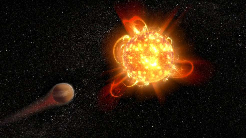 Représentation de « superflares », énormes éruptions solaires émises d'une naine rouge. © Nasa, ESA, D. Player