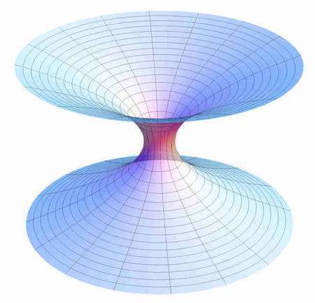 Une représentation d'un trou de ver qui serait traversable contrairement à un pont d'Einstein-Rosen. Une telle déformation de l'espace-temps connectant deux régions permettrait, en théorie, de voyager en n'importe quel point de l'espace et du temps instantanément ou presque. © Wikipédia, CC by 3.0