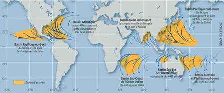 Les zones de formation des cyclones et les trajectoires habituelles. © Prim-net Cliquez pour agrandir la carte'
