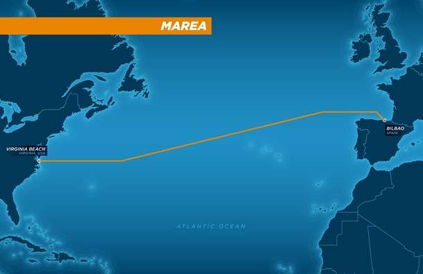 Le tracé du câble sous-marin Marea est inédit. En effet, c’est la première fois qu’un câble connectera les USA à l’Europe du Sud. © Microsoft, Facebook