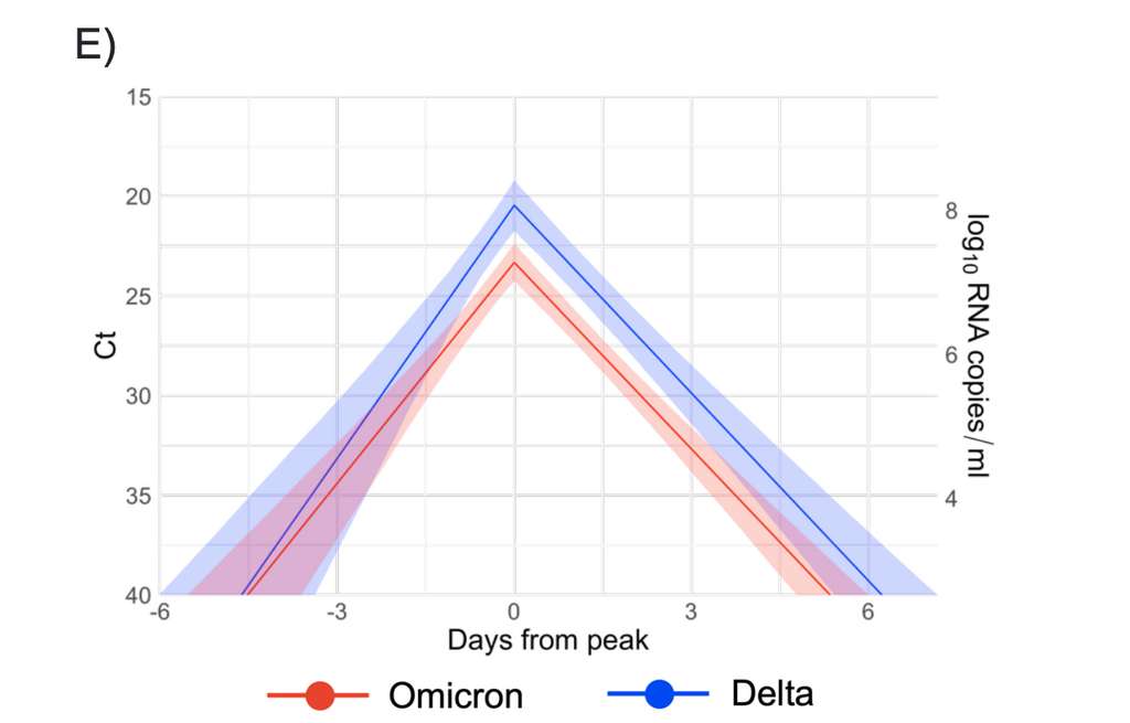 Comparaison de la charge virale d'Omicron et de Delta. Plus le Ct est élevé, moins il y a de virus dans l'échantillon. © James A. Hay et al., MedRxiv