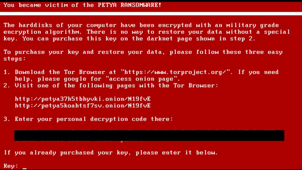 Capture d’écran du message qui s’affiche sur les ordinateurs Windows victimes du rançongiciel Petya. © Wikimedia Commons,DP