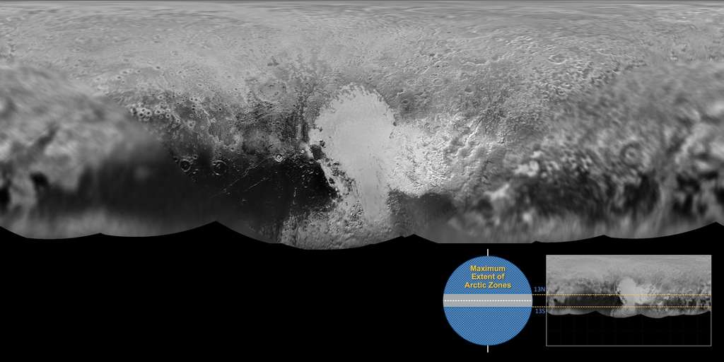 Planisphère de Pluton. Puisque la planète naine est inclinée à 120°, une grande partie de son hémisphère sud (tiers inférieur) était plongée dans l’obscurité lors de la visite de New Horizons en juillet 2015. Une longue nuit hivernale commencée il y a plusieurs décennies (la période orbitale de Pluton est d’environ 248 ans). Au centre, épousant l’équateur de l’astre, la bande sombre baptisée Cthulhu, est la seule région à ne jamais subir de nuits polaires et reste donc la plus exposée au Soleil, ce qui fait fuir les matériaux les plus volatils. (Cliquez sur l'image pour l'agrandir.) © Nasa, JHUAPL, SwRI
