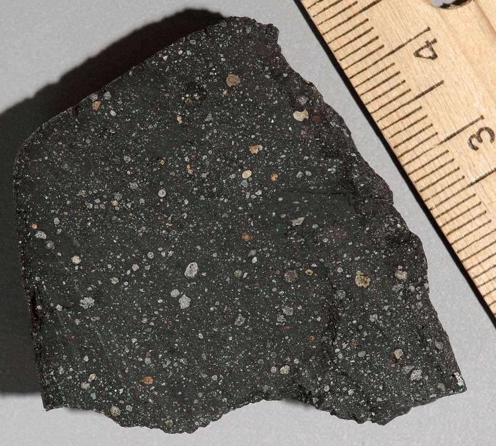 Un échantillon de la météorite de Murchison. Environ 100 kg sous forme de fragments de tailles diverses ont été retrouvés mais d'autres fragments existent certainement. © Randy L. Korotev 