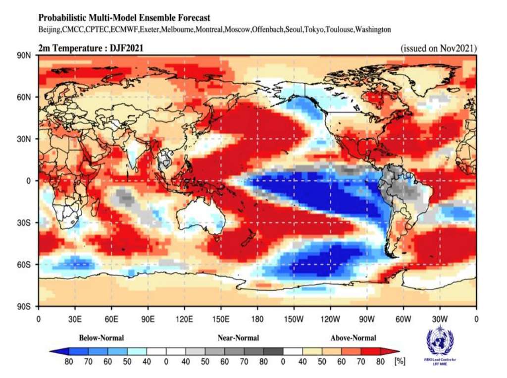 Prévision des anomalies de températures pour l'hiver prochain : en rouge les zones plus chaudes que la normale, en bleu les zones plus froides que la normale. © WMO