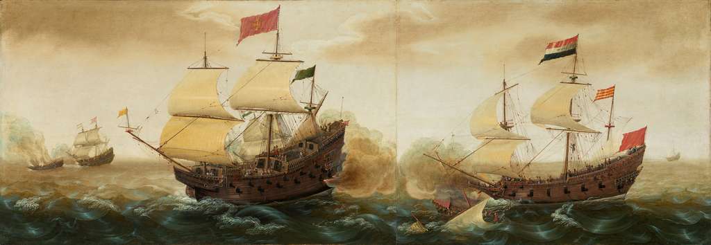 Bataille navale entre un galion espagnol et un navire hollandais, par Cornelis Verbeeck vers 1620. National Gallery of Art, Washington D.C., USA. © Wikimedia Commons, domaine public.