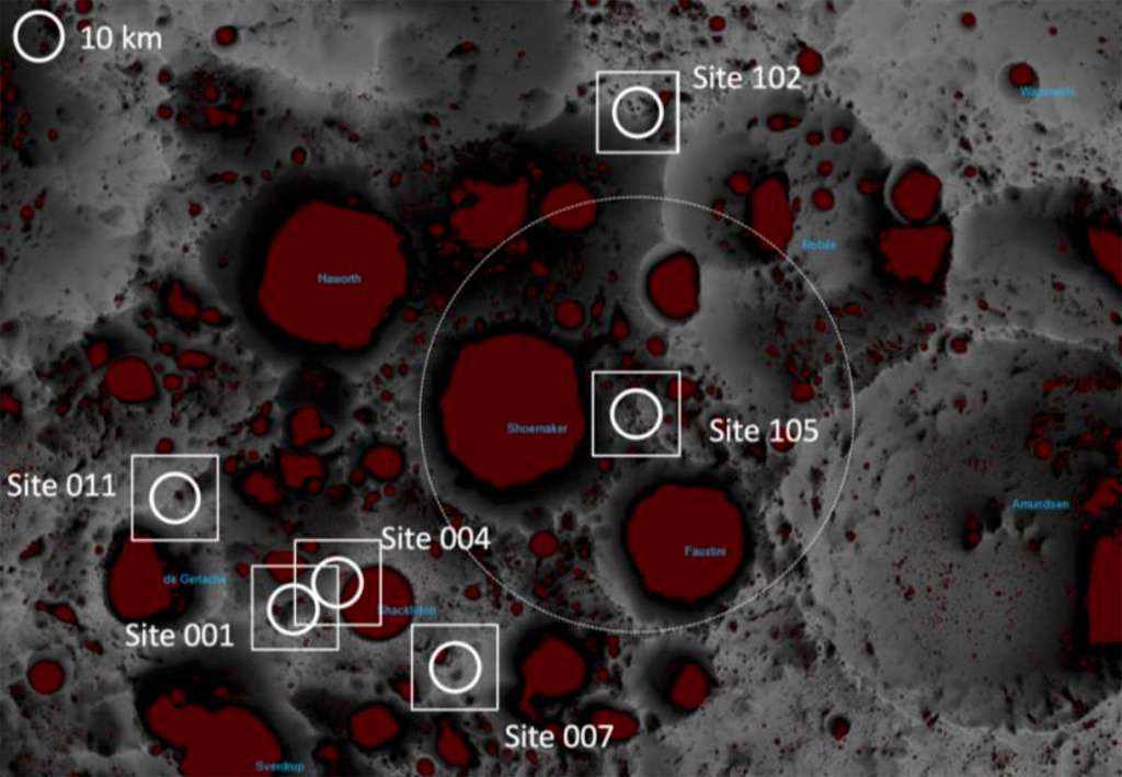 Au pôle sud de la Lune, la Nasa étudie plusieurs sites pour implanter le camp de base des missions Artemis. © Nasa