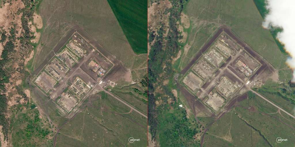 Base à proximité de la ville russe de Soloti dans l'oblast de Belgorod. Les quatre images satellitaires permettent de suivre l'évolution et l'état des forces (type d'armes et de matériel, nombre d'effectifs) stationnées. Ces deux images ont été acquises, le 5 mai (image de gauche) et le 24 mai. © 2022 Planet Labs PBC