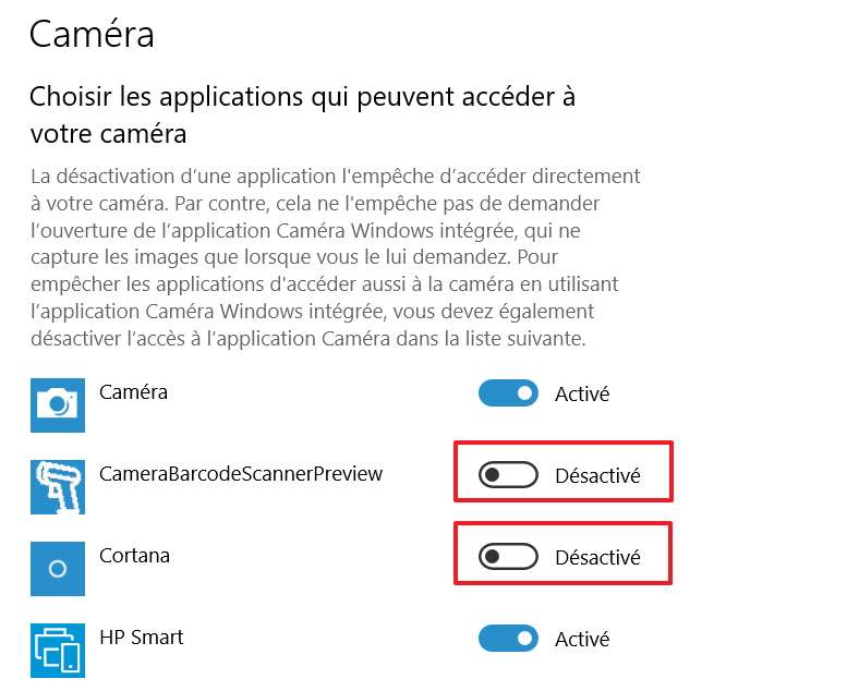 Le curseur des applications dont vous voulez couper l’accès à la caméra doit être sur « Désactivé ». © Microsoft