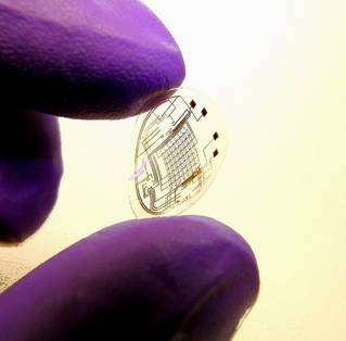 Mince couche de polymère, cette lentille de contact porte un véritable circuit et même un écran fait de petites diodes. © University of Washington