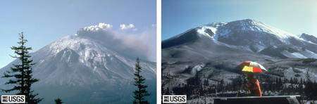 A gauche, l'éruption phréatique du Mont St Helens, le 27 mars 1980. A droite, le dôme cryptomagmatique au mois d’avril (cliquer sur l'image pour l'agrandir). Les signes annonciateurs d'une éruption majeure et imminente sont réunis. L'état d'urgence a été décrété et les habitants ont quitté la région. Crédit : USGS / Cascades Volcano Observatory