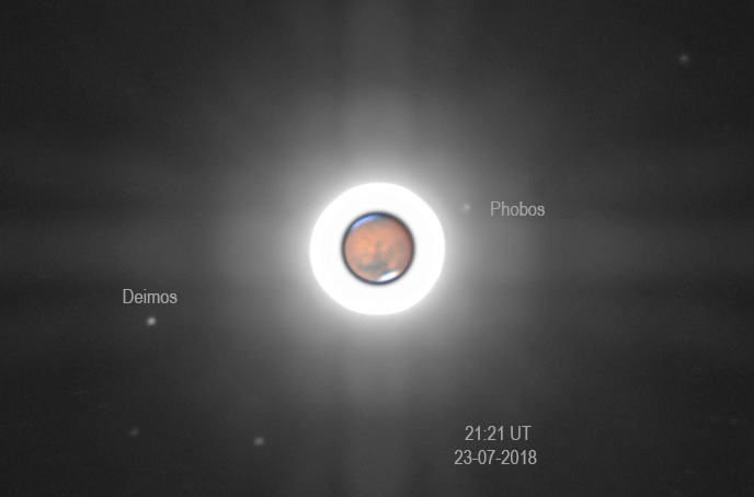 Malgré l'éclat de Mars, un astrophotographe a réussi à mettre en évidence les deux petites lunes qui gravitent autour de la Planète rouge : Phobos (27 km) et Deimos (15 km). © Dzmitry Kananovich, Spaceweather