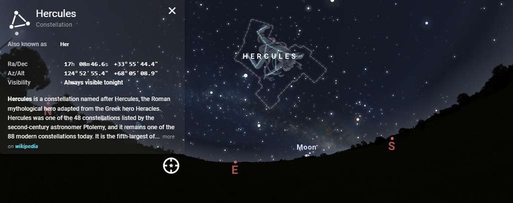 La constellation d'Hercule est visible dans le ciel des nuits d'été. Ici, le ciel depuis Paris le 15 juin à minuit. © Stellarium