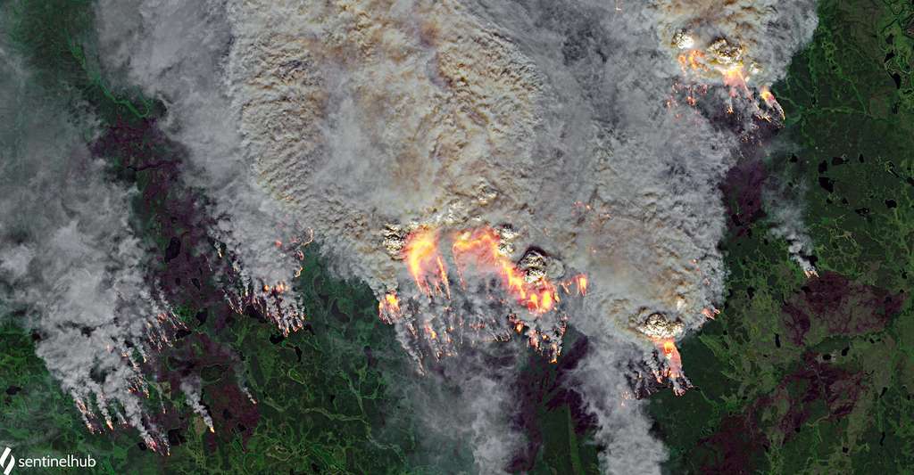 Les incendies au cœur du cercle polaire, le 20 juillet 2020, vus par les satellites Copernicus Sentinel. © Pierre Markuse, Flickr, CC by-2.0
