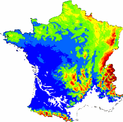 Exemple de l'évolution de la répartition d'une espèce : le Hêtre en France. Carte de probabilité de répartition, actuelle (à gauche) et à l'horizon 2050 (à droite) en fonction des facteurs climatiques. En blanc, la probabilité de présence est inférieure 10%. Plus les couleurs sont chaudes, plus la probabilité est forte (90-100% pour le rouge brique). © INRA