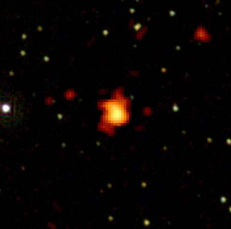 Observé en rayons X par les instruments de Swift en orbite, le rayonnement rémanent de GRB 080916C est bien visible en couleurs orange et jaune. Crédit : NASA/Swift/Stefan Immler