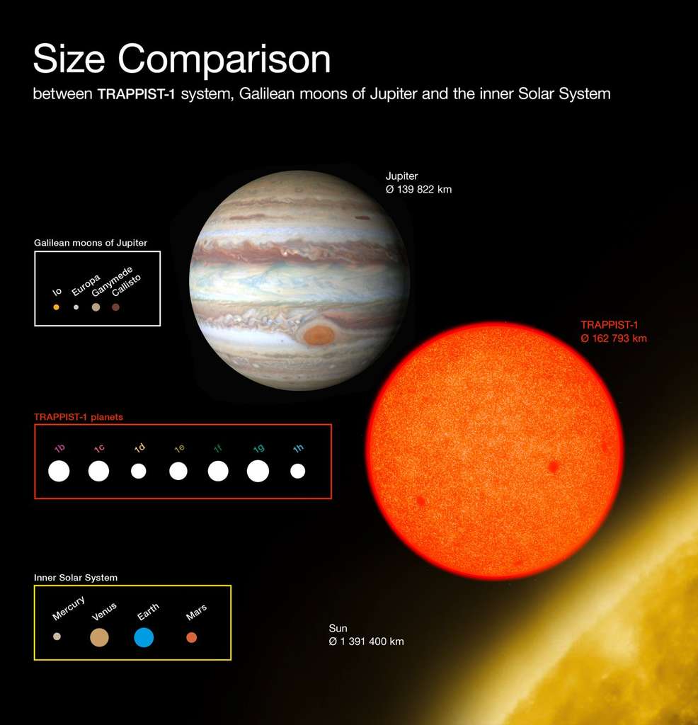 Sur ce diagramme figurent, à titre comparatif, les tailles des planètes nouvellement découvertes autour de la naine rouge Trappist-1, ainsi que celles des satellites de Jupiter au sein de notre Système solaire. © Eso, O. Furtak