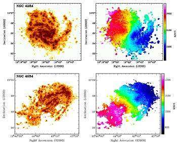 Figure 2 : Images Halpha et champs de vitesse des galaxies de l'amas de la Vierge. Cartes d'émission (à gauche) et champs de vitesse (à droite) du gaz ionisé (raie Halpha) pour les galaxies NGC 4254 (en haut) et NGC4654 (en bas). L'émission Halpha est dominée par des régions de formations d'étoiles le long des bras spiraux des galaxies. Le dégradé de couleurs d'un champ de vitesse montre la rotation du gaz autour du centre d'une galaxie. La couleur bleue indique que la rotation se fait en direction de l'observateur (le gaz se rapproche) tandis que la couleur rouge indique que la rotation se fait dans une direction opposée (le gaz s'éloigne).