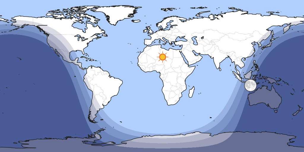 Les nuances de gris montrent les trois types de crépuscule. Le gris le plus foncé représente bien sûr la nuit. Le crépuscule astronomique — imperceptible à l’œil humain — est marqué par le gris le plus foncé ensuite. Puis viennent le crépuscule nautique — perceptible uniquement loin de toute lumière artificielle — et le crépuscule civil. © Timeanddate.com