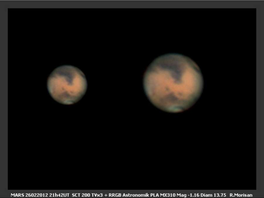 La planète Mars saisie le 26 février dernier dans un télescope de 20 centimètres de diamètre. De nombreux détails sont déjà visibles. © R. Morisan