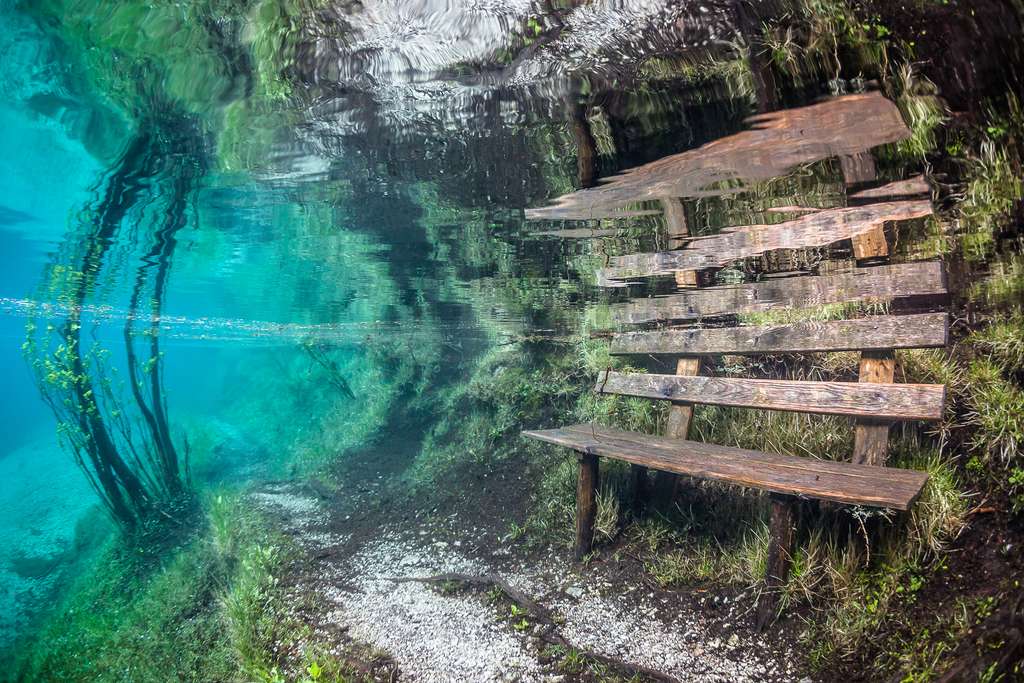 Un banc emprisonné dans les eaux du lac Vert Un banc emprisonné dans les eaux du lac Vert