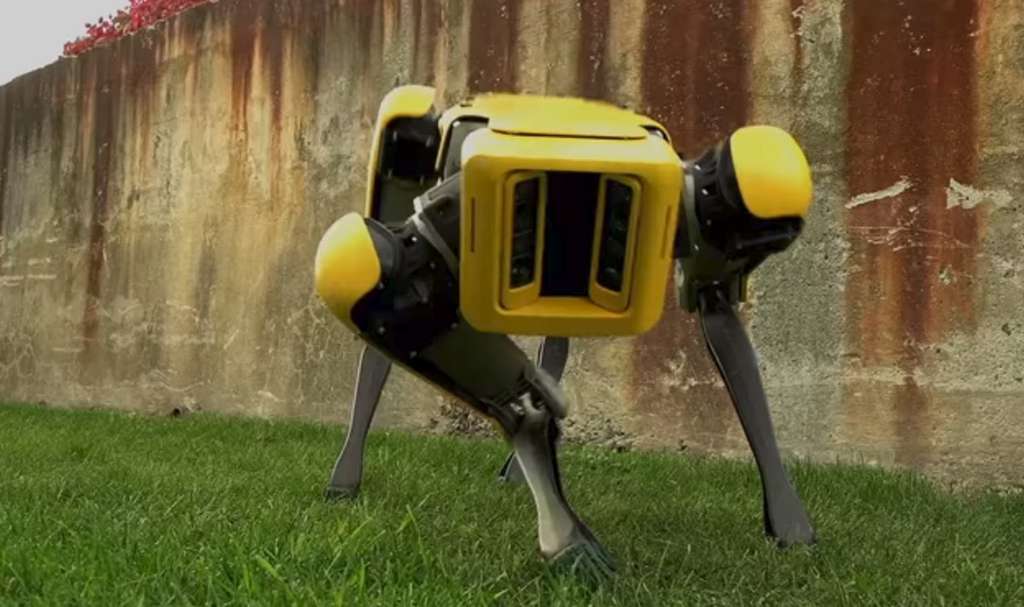 Le robot Spot peut remplacer un démineur pour aller récupérer une munition non explosée dans des endroits inaccessibles par les autres robots de déminage. © Boston Dynamics