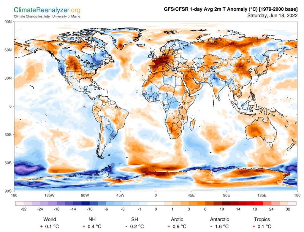 En orange, le pays du monde qui enregistre le plus fort écart de températures comparé aux moyennes lors de ce samedi : la France. © Climate Reanalyzer