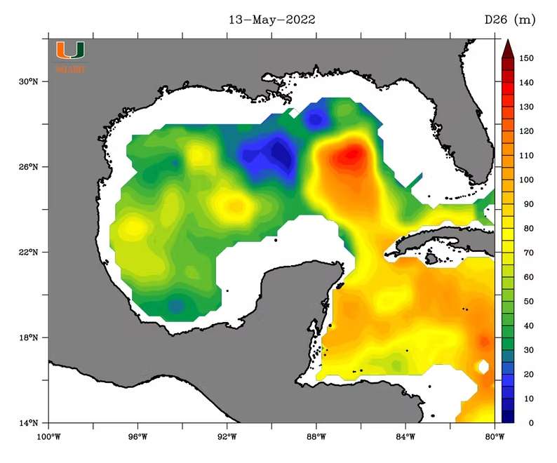 En orange et rouge, le Loop Current de mai 2022 dans le golfe du Mexique ; en gris, les terres. © Université de Miami