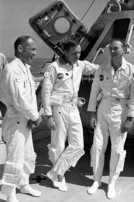 L'équipage d'Apollo 11 le 24 mai 1969. De gauche à droite, Buzz Aldrin, Neil Armstrong et Michael Collins. © Nasa