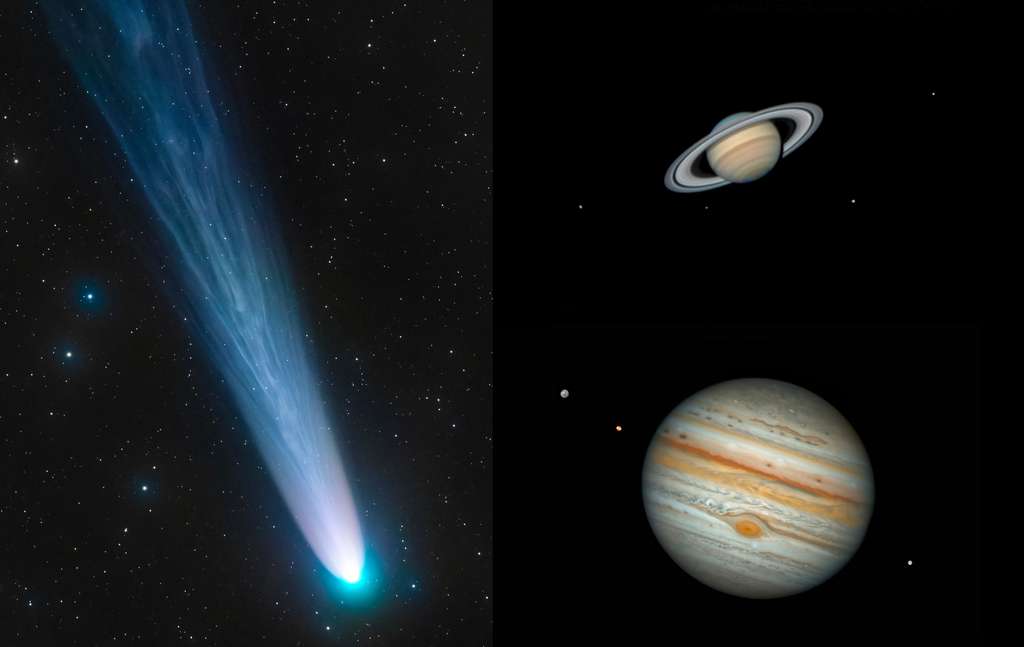 Dans la catégorie Planètes, comètes et astéroïdes, trois clichés ont été sélectionnés. Il y a celui de Lionel Majzik qui depuis Hakos, Khomas en Namibie a photographié la comète Leonard (comet C/2021 A1). L’image a été prise le 27 décembre 2021 quelques jours après le passage de la comète au plus près de la Terre (12 décembre 2021). En haut à droite, l’image de Saturne et quelques-unes de ses lunes : Flávio Fortunato l’a acquise depuis Maceió, Alagoas au Brésil. Quant à l’image de Jupiter et trois de ses principales lunes, elle a été prise au Chili (Río Hurtado, Coquimbo) par Damian Peach.