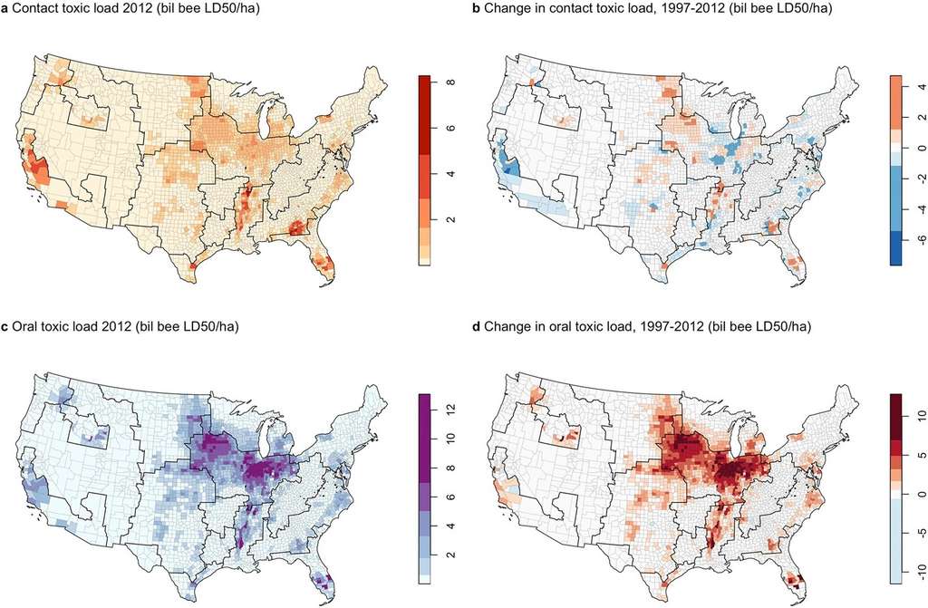 Répartition par région de la charge toxique par contact (a) et voie orale (c) en 2012, puis leur évolution catégorisée par contact (b) et voie orale (d) entre 1997 et 2012. La charge toxique a été normalisée par la superficie totale de la région, pour tenir compte de la variabilité des tailles. On note que les données utilisées pour la Californie (en bas à gauche) excluent les insecticides appliqués sur les semences (dont les néonicotinoïdes). © Margaret Douglas et al., Scientific Reports