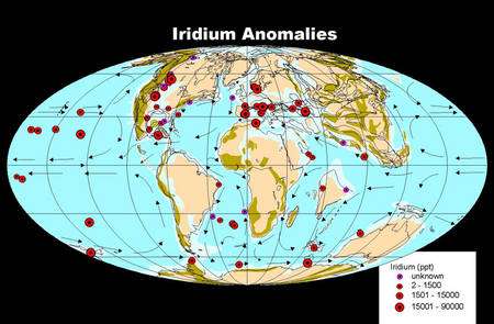 Cliquez pour agrandir. Les régions de la planète où l'on retrouve des anomalies en iridium dans la couche KT. Crédit : Philippe Claeys, Inst. de Mineralogie de Berlin