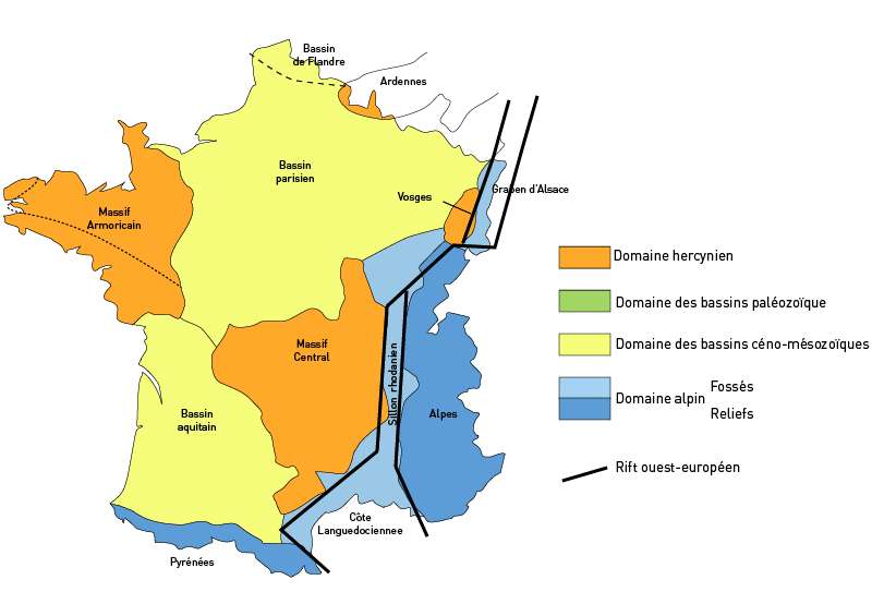Carte des grands domaines géologiques de France métropolitaine. © Teper, Wikimedia Commons, CC by-sa 3.0