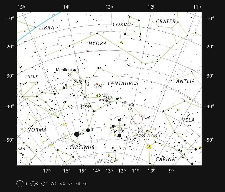 Sur cette carte figure la localisation de HD101584, un nuage de gaz situé en périphérie d’un système binaire ayant fait l’objet d’une étude récente au moyen d’Alma et d’Apex, dans la constellation du Centaure. Cette carte mentionne la plupart des étoiles visibles à l’œil nu dans de bonnes conditions d’observation. L'étoile HD101584 est entourée d’un cercle de couleur rouge. © ESO, IAU and Sky & Telescope