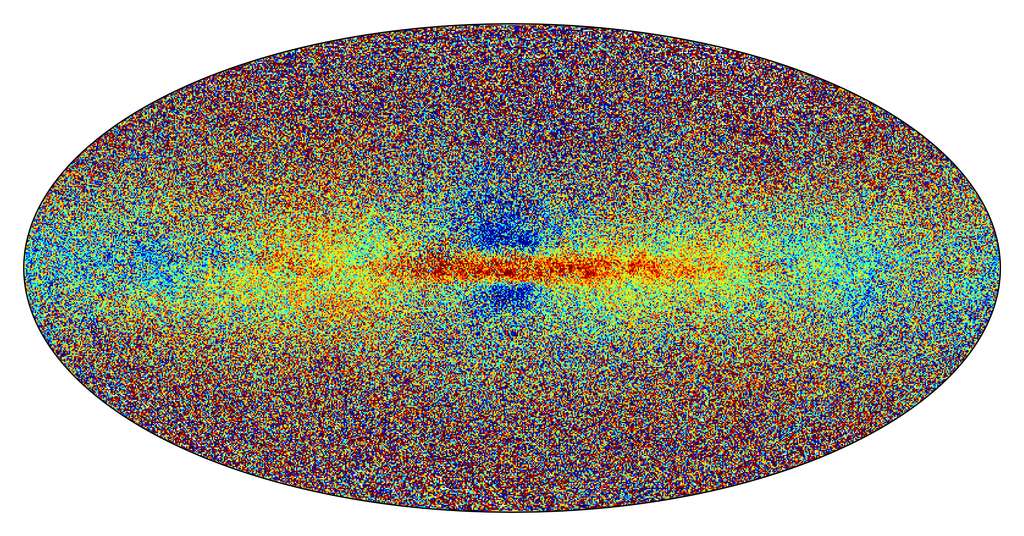 Cette carte montre les métallicités des étoiles de la Voie lactée mesurées par la mission Gaia. Les étoiles rouges sont les plus riches en métaux. Les étoiles bleues, les plus pauvres en métaux. © Gaia Data Release 3 : Chemical cartography of the Milky Way by Gaia Collaboration et al. 2022, CC by-SA 3.0 IGO