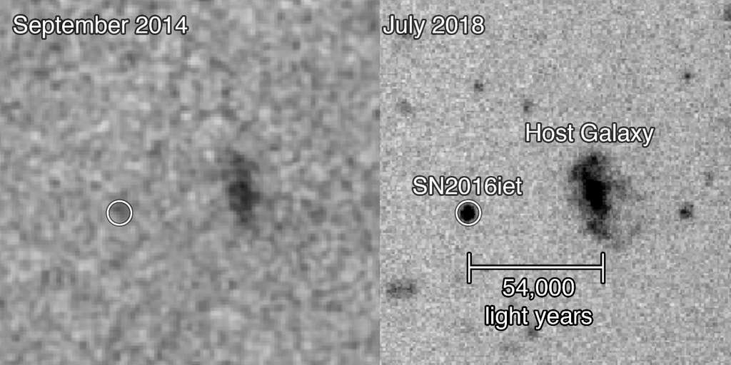 Image de SN 2016iet et de sa galaxie hôte la plus probable, prise avec le télescope de 6,5 mètres à l'observatoire de Las Campanas, le 9 juillet 2018. © Gemini Observatory