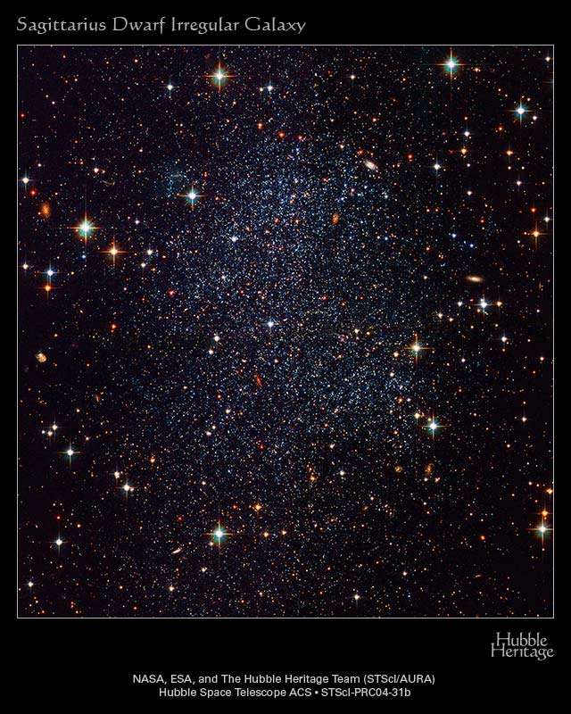  La galaxie naine du Sagittaire (à gauche), et le courant de matière qui l'accompagne (au milieu, vue d'artiste). On voit aussi un courant pour la galaxie naine Canis Major (à droite, représentation d'une simulation numérique). © Nasa, ESA, Hubble Heritage