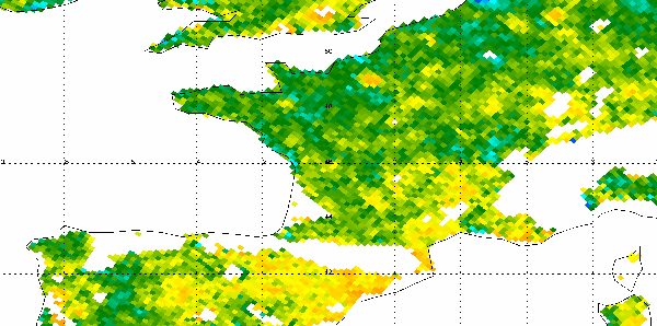 L’humidité des sols en avril 2011 est au plus bas dans une grande partie de l’Hexagone (zones jaunes et orange). © Esa/Cesbio