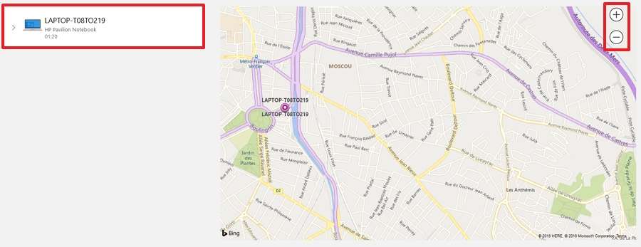 onde está a buscar o seu dispositivo móstrase no mapa. © Microsoft