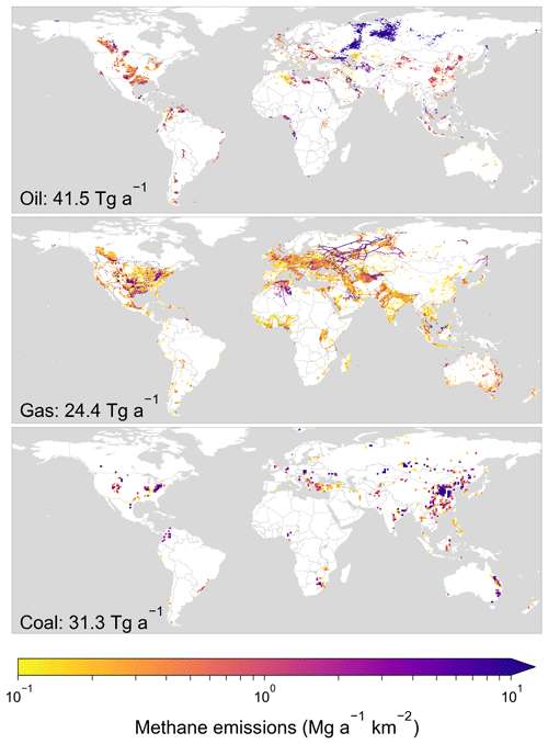 Cartes des émissions de méthane en 2016 provenant de l'exploitation du pétrole (oil), du gaz (gas) et du charbon (coal). © Tia R. Scarpelli et al.