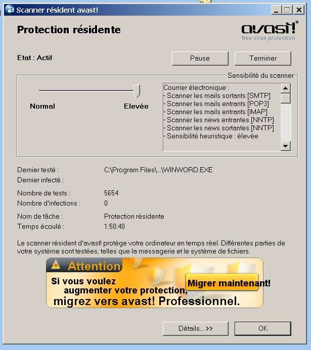 Avec l'antivirus Avast, vous pouvez choisir un niveau de protection élevé ou normal. © DR