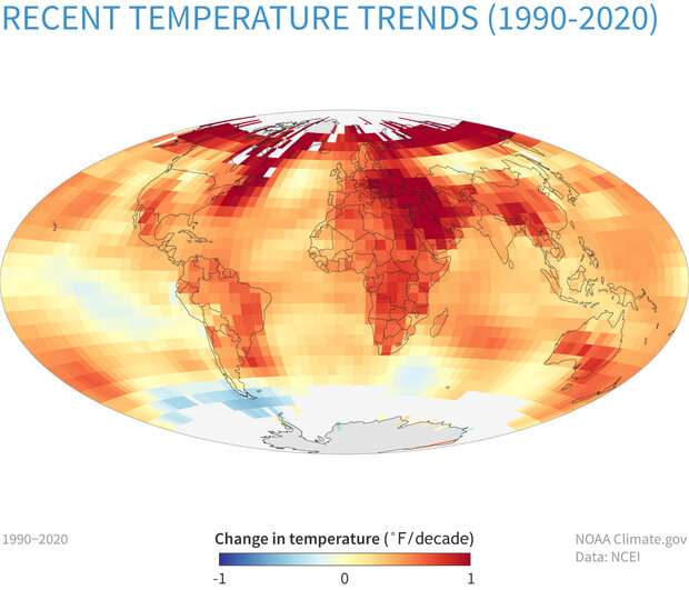 En rouge foncé, les zones du monde qui ont subi la plus forte hausse de température. © NOAA 