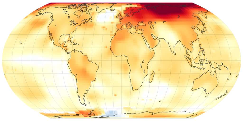 L’année 2020 achève sur la même lignée une décennie déjà très chaude. Carte des anomalies de températures dans le monde observées par la Nasa en 2020. © Nasa