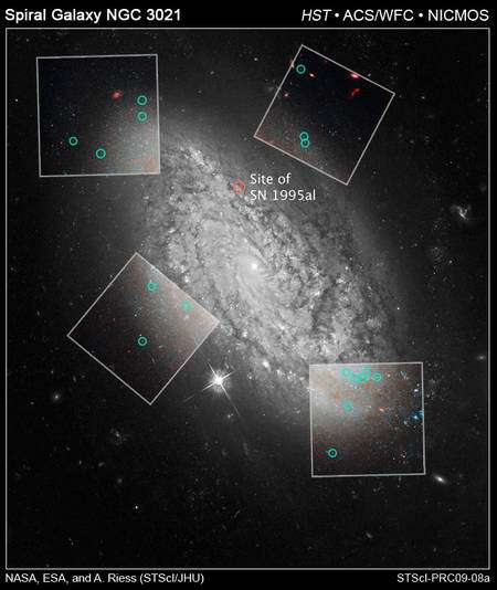 Cliquer pour agrandir. Dans les cercles verts les céphéides étudiées par Riess et ses collègues dans la galaxie NGC 3021 et dans le cercle rouge la supernova observée en 1995. Crédit : Nasa-Esa