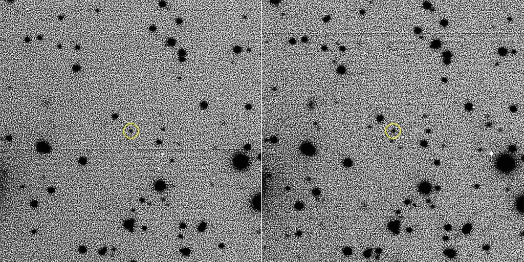 L'astéroïde 2015 BZ509 ici photographié par le LBTO se trouve dans le cercle jaune. © Christian Veillet, Large Binocular Telescope Observatory