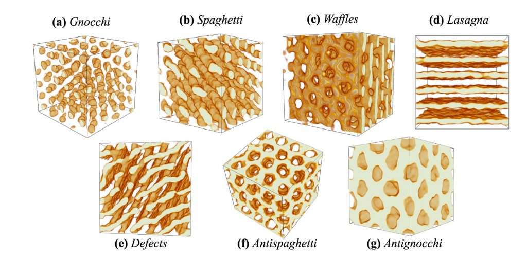 Différents types de « pâtes nucléaires » telles que les imaginent les astrophysiciens. © Caplan & Horowitz, McGill University