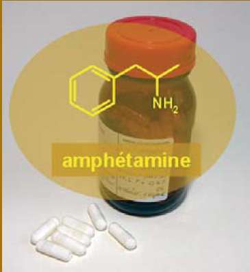 Les amphétamines ont des structures chimiques dérivées de la phényléthylamine (structure sur la figure). © DR