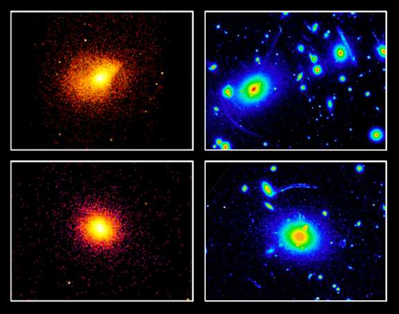  À gauche, émission en X (pan de gauche, vue par Chandra) et lentilles gravitationnelles (pan de droite, images HST : Abell 2390 en haut, MS2137.3-2353 en bas). Ces deux amas sont situés respectivement à 2,5 et 3,1 milliards d'années-lumière. À droite, autre image de lentilles gravitationnelles. Les objets bleutés sont plusieurs images d'un même objet situé loin derrière l'amas visible en avant-plan. Voir illustration suivante.