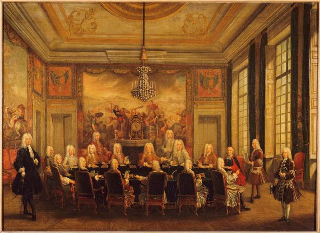 Conseil de Régence au Palais-Royal (propriété de Philippe d'Orléans), vers 1716. Auteur inconnu. © Wikimedia Commons, domaine public 