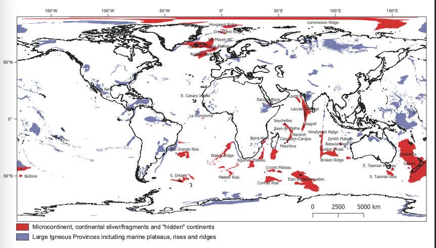 De nombreux autres « microcontinents » (en rouge) se cacheraient sous la surface de l’eau. En bleu, les plateaux sous-marins connus. © Geological Society of America